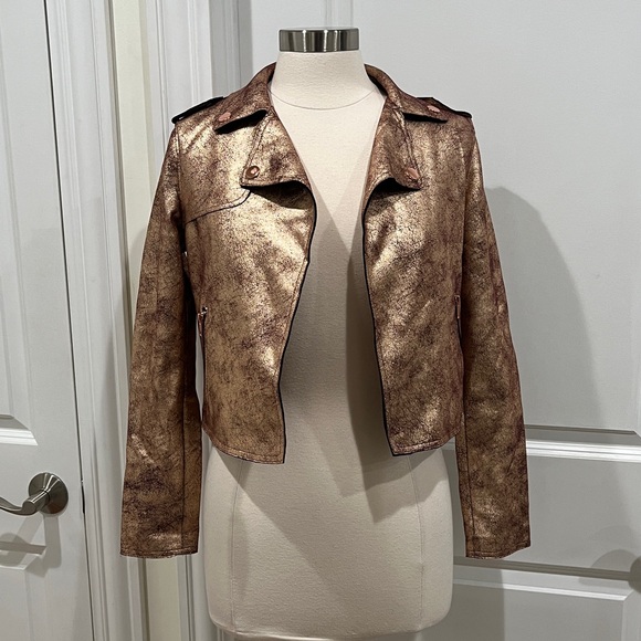 Anthropologie Brisa Metallic Cropped Faux Leather Moto Jacket Size XS - Picture 2 of 14